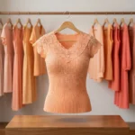 Woman wearing a stylish peach ribbed lace v neck top with rhinestone (4)