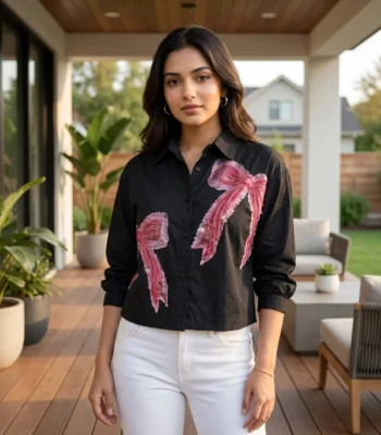 Women wearing a black crop shirt with pink beaded bow design (4)