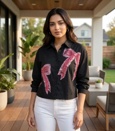 Women wearing a black crop shirt with pink beaded bow design (4)