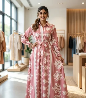 Womens Masi Dress, a pink printed maxi shirt dress (2)