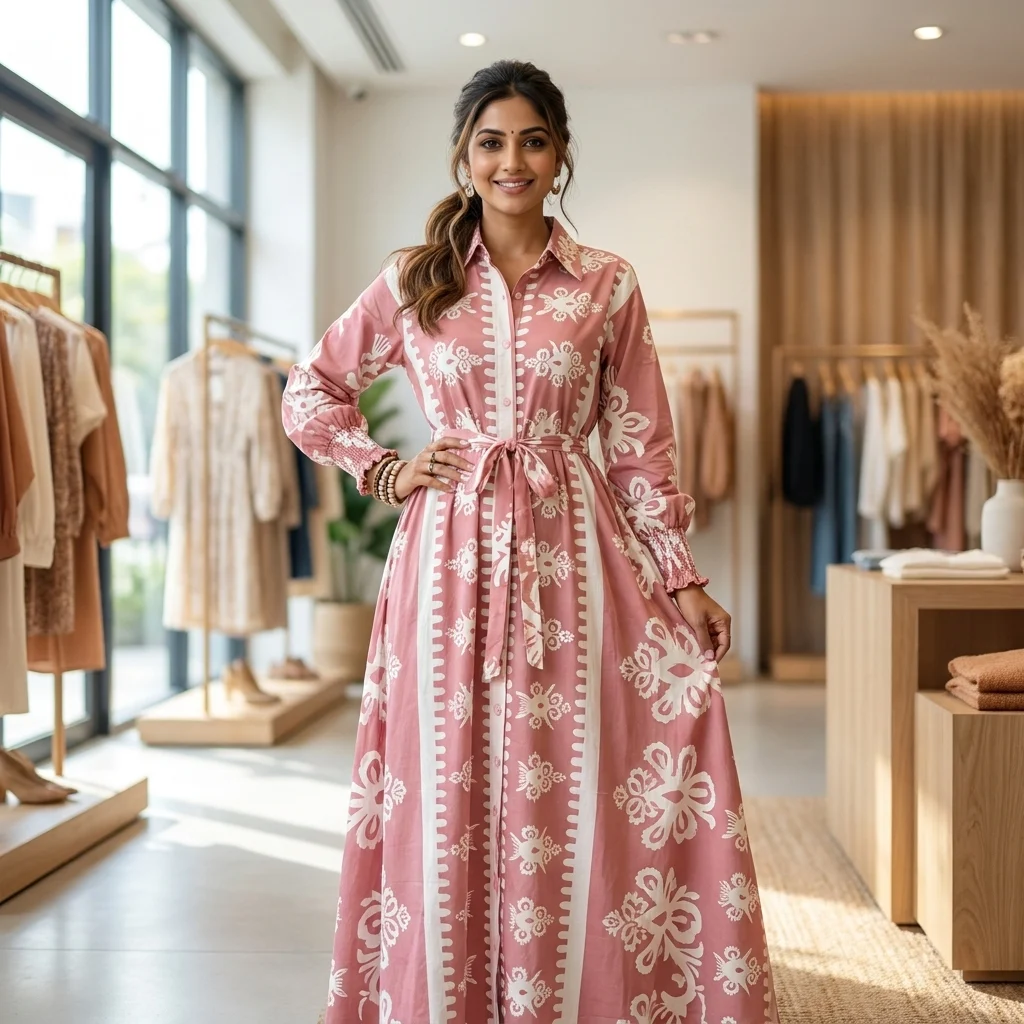 Womens Masi Dress, a pink printed maxi shirt dress (2) Womens Masi Dress, a pink printed maxi shirt dress (2)
