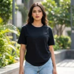 Womens black short sleeve top with sheer lace back design (1)