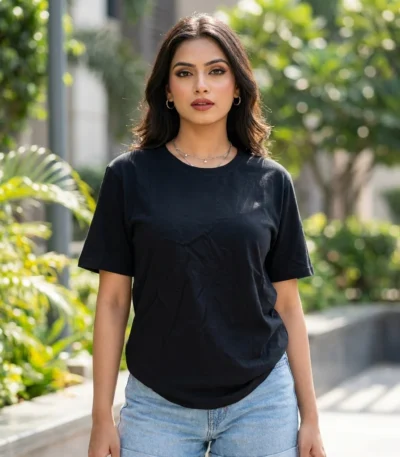 Womens black short sleeve top with sheer lace back design (1)