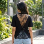 Womens black short sleeve top with sheer lace back design (3)