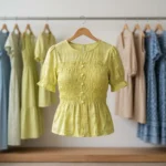 Womens light green smocked peplum top with pearl buttons (3)
