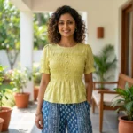 Womens light green smocked peplum top with pearl buttons (4)