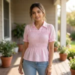 Womens light pink smocked peplum top (4)