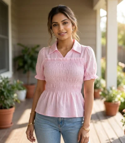Womens light pink smocked peplum top (4)