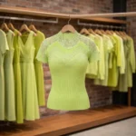 Womens lime green ribbed knit top with lace sleeves and mock neck (1)