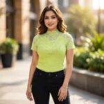 Womens lime green ribbed knit top with lace sleeves and mock neck (2)