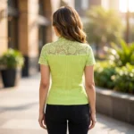 Womens lime green ribbed knit top with lace sleeves and mock neck (4)
