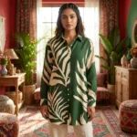 Ageless Women's Green Leaf Print Long Shirt – green long shirt – photo 1