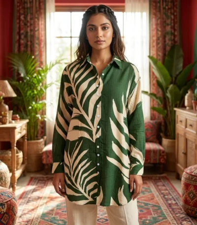 Ageless Women's Green Leaf Print Long Shirt – green long shirt – photo 1