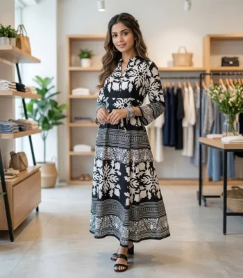 black and white floral printed maxi dress with long sleeves (4)