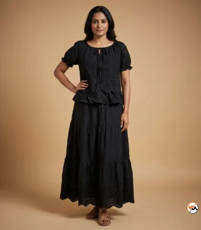 Black cotton co-ord set featuring an essential tiered skirt – cotton co-ord set – photo 1