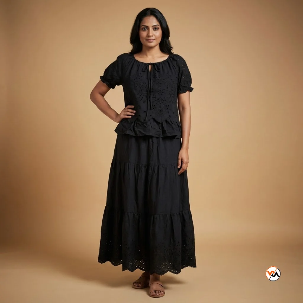 Black cotton co-ord set featuring an essential tiered skirt – cotton co-ord set – photo 1