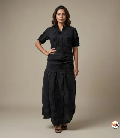 Black cotton co-ord set featuring an exclusive embroidered top and matching skirt for women – cotton co-ord sets – photo 1