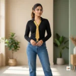 Black Women Top with Attached Tie – Black Women Top with yellow checked attached tie – photo 1