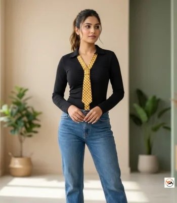 Black Women Top with Attached Tie – Black Women Top with yellow checked attached tie – photo 1