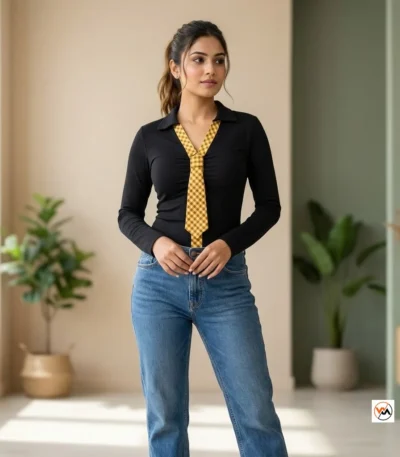 Black Women Top with Attached Tie – Black Women Top with yellow checked attached tie – photo 1