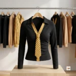 Black Women Top with Attached Tie – Black Women Top with yellow checked attached tie – photo 3
