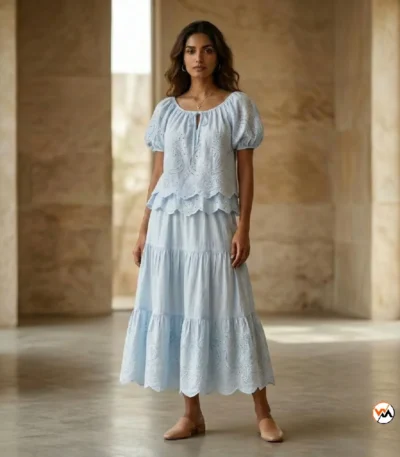 Blue cotton co-ord set featuring an exclusive tiered midi skirt and matching top with intricate embroidery – blue cotton co-ord set – photo 1