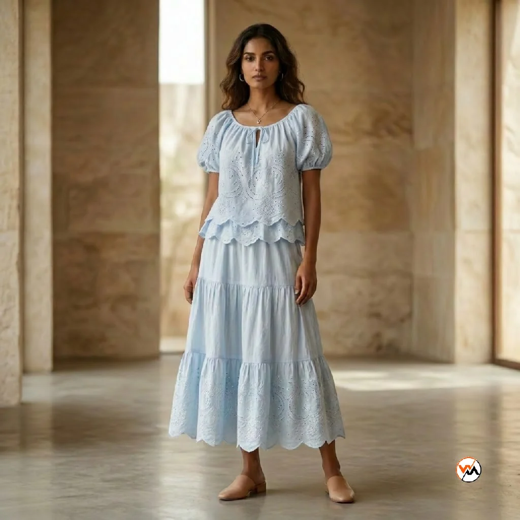 Blue cotton co ord set featuring an exclusive tiered midi skirt and matching top with intricate embroidery – blue cotton co ord set Blue cotton co-ord set featuring an exclusive tiered midi skirt and matching top with intricate embroidery – blue cotton co-ord set – photo 1