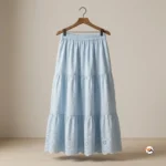 Blue cotton co-ord set featuring an exclusive tiered midi skirt and matching top with intricate embroidery – blue cotton co-ord set – photo 2
