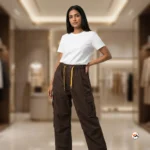Brown cargo pants for women featuring a stylish brown utility design and yellow drawstring – brown cargo pants – photo 4