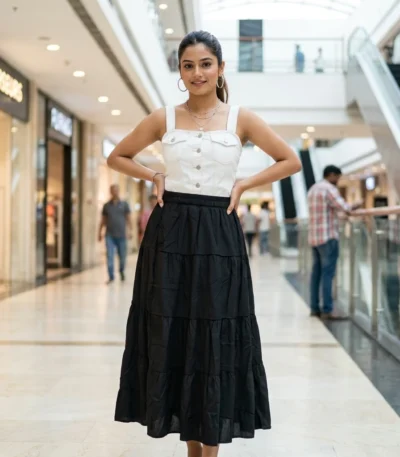 Essential Black Tiered High Waist Midi Skirt for Women – black tiered midi skirt – photo 1