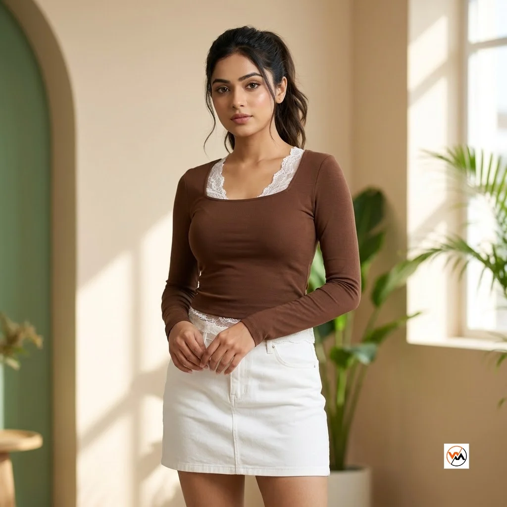 Essential brown womens top featuring delicate white lace trim details – Women's Browne top with white lace – photo 1