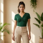 Essential green top for women featuring an elegant front twist detail and classic short sleeves – green top for women – photo 3