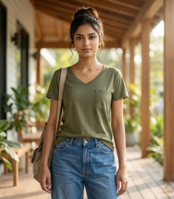 Essential Olive Green V-Neck Pocket T-Shirt for Women – women olive green v neck t shirt – photo 1