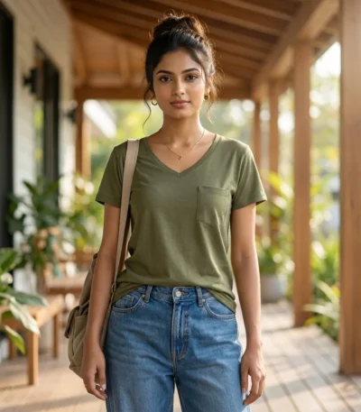Essential Olive Green V-Neck Pocket T-Shirt for Women – women olive green v neck t shirt – photo 1
