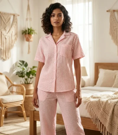 Essential Pink Striped Seersucker Co-ord Set for Women – pink striped co ord set – photo 1