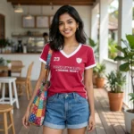 Essential Women pink Varsity Graphic V-Neck T-Shirt – pink varsity graphic t-shirt – photo 1