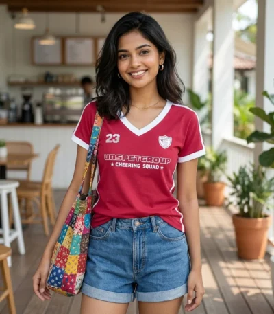 Essential Women pink Varsity Graphic V-Neck T-Shirt – pink varsity graphic t-shirt – photo 1