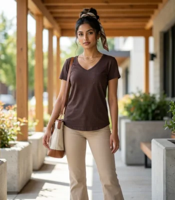 Essential Women's Dark Brown V-Neck Pocket T-Shirt – womens brown v neck t shirt – photo 1