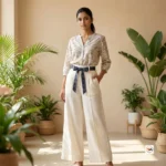 Exclusive White Linen Trousers for Women with Blue Belt – Exclusive White linen trousers – photo 1