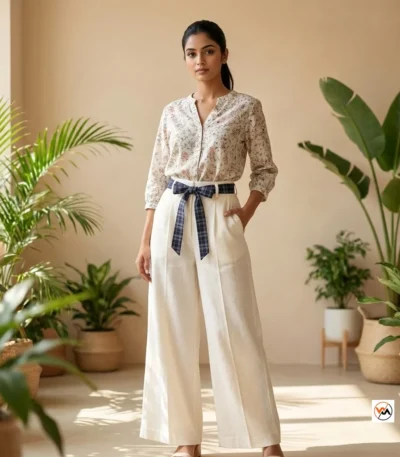 Exclusive White Linen Trousers for Women with Blue Belt – Exclusive White linen trousers – photo 1