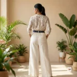 Exclusive White Linen Trousers for Women with Blue Belt – Exclusive White linen trousers – photo 3