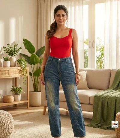 Exclusive Women Blue Jeans with Rhinestone Accents and Straight Leg Fit – Women exclusive blue jeans – photo 1