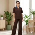 Exclusive Women Brown Cotton Co-ord Set with Denim Collar – Women Brown Cotton Co-ord Set – photo 1
