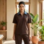 Exclusive Women Brown Cotton Co-ord Set with Denim Collar – Women Brown Cotton Co-ord Set – photo 3