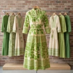 green and cream botanical print midi dress with a waist tie and mandarin collar (1)