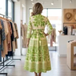 green and cream botanical print midi dress with a waist tie and mandarin collar (2)