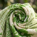 green and cream botanical print midi dress with a waist tie and mandarin collar (3)