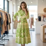 green and cream botanical print midi dress with a waist tie and mandarin collar (4)