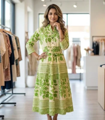 green and cream botanical print midi dress with a waist tie and mandarin collar (4)