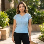 light blue ribbed V neck top (4)
